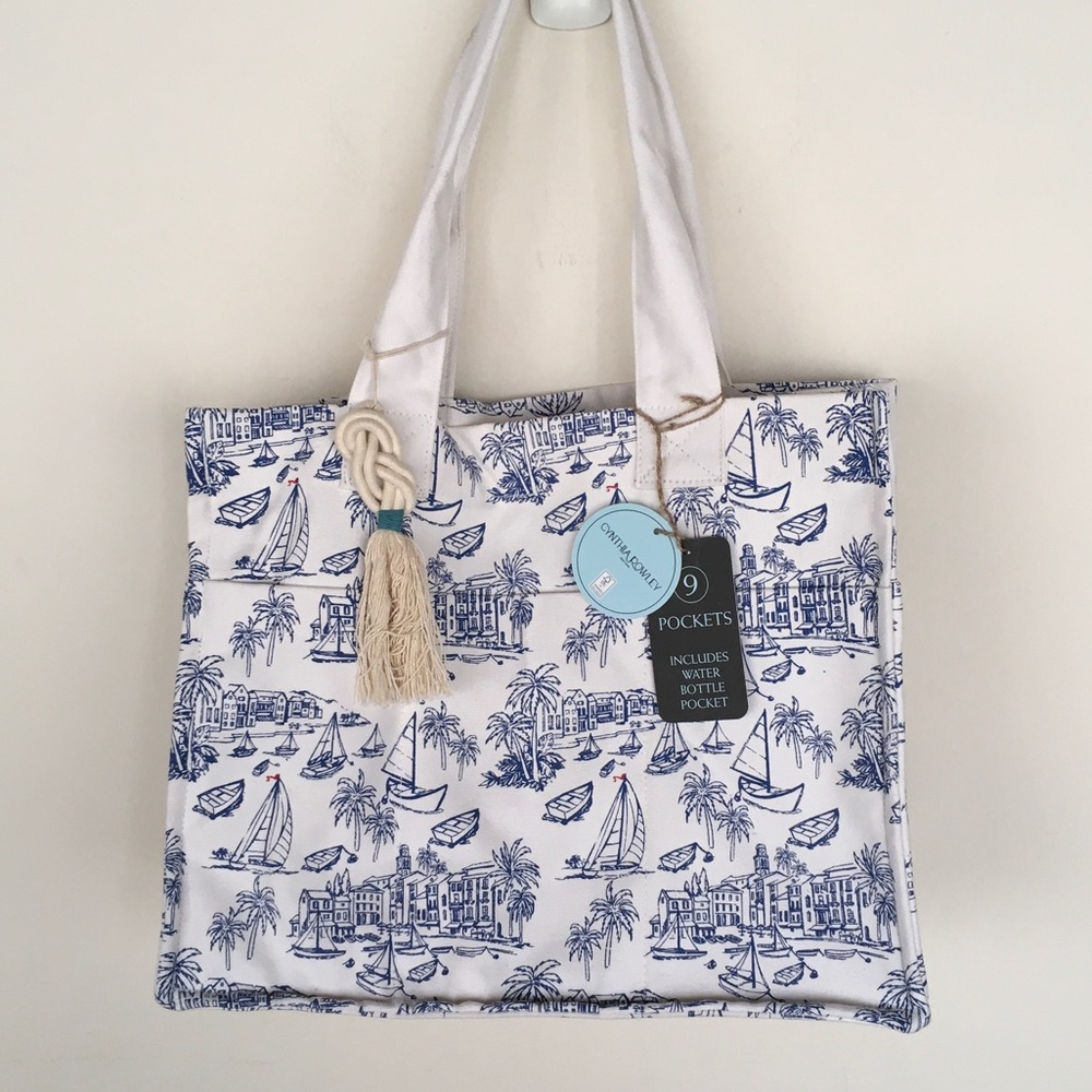 Nautical Blue & White Canvas Tote Bag with Tassel